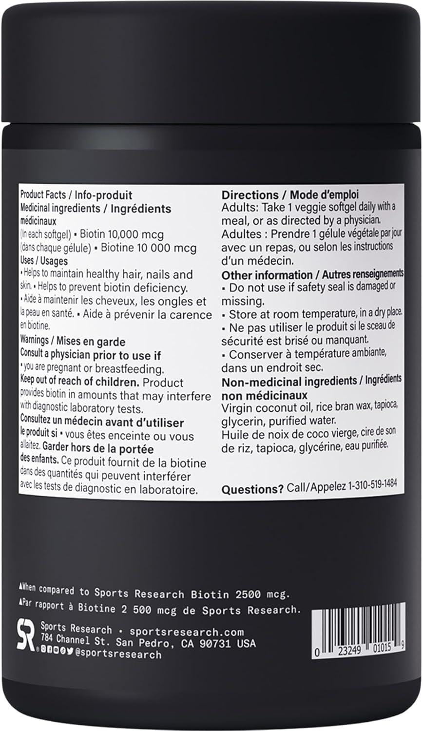 Biotina 10,000 mcg Sports Research – Cabello y Uñas Fuertes en 1 Cápsula