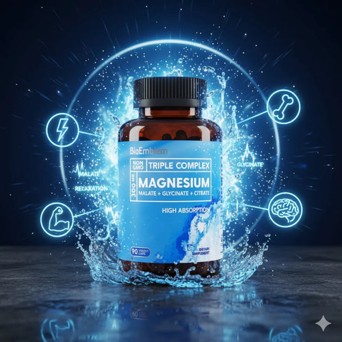 BioEmblem Complejo triple de magnesio de alta absorción 300 mg | Glicinato de magnesio, malato para energía, suplemento para apoyar la salud muscular | Vegano, sin OMG, 90cápsulas