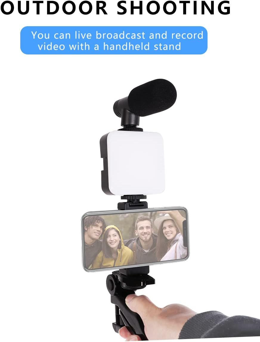 Kit Vlogging 6-en-1 (micrófono direccional + luz LED + trípode/empuñadura + soporte móvil + control Bluetooth + cable)