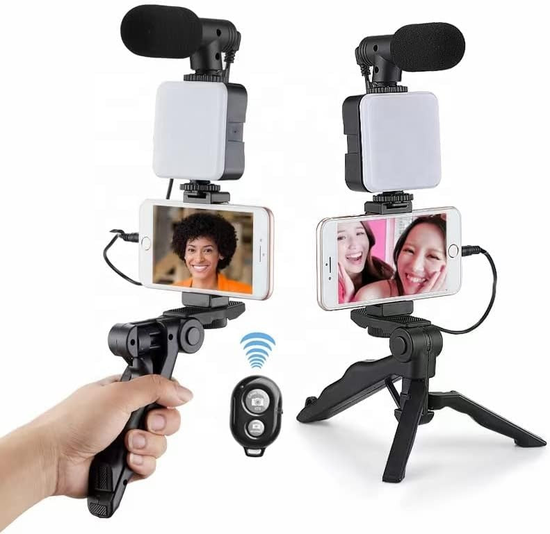 Kit Vlogging 6-en-1 (micrófono direccional + luz LED + trípode/empuñadura + soporte móvil + control Bluetooth + cable)