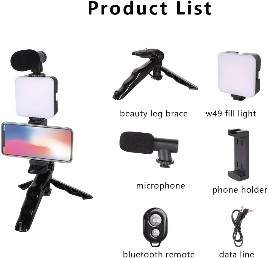 Kit Vlogging 6-en-1 (micrófono direccional + luz LED + trípode/empuñadura + soporte móvil + control Bluetooth + cable)