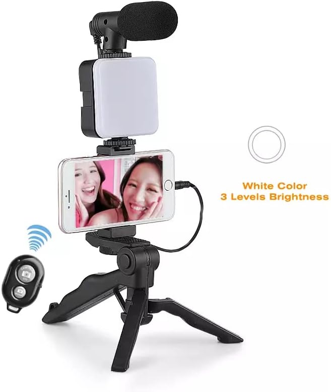 Kit Vlogging 6-en-1 (micrófono direccional + luz LED + trípode/empuñadura + soporte móvil + control Bluetooth + cable)