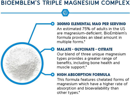 BioEmblem Complejo triple de magnesio de alta absorción 300 mg | Glicinato de magnesio, malato para energía, suplemento para apoyar la salud muscular | Vegano, sin OMG, 90cápsulas