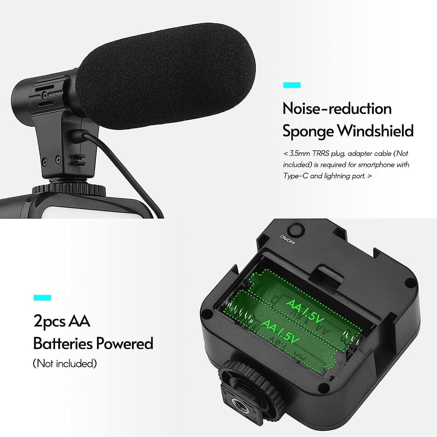 Kit Vlogging 6-en-1 (micrófono direccional + luz LED + trípode/empuñadura + soporte móvil + control Bluetooth + cable)