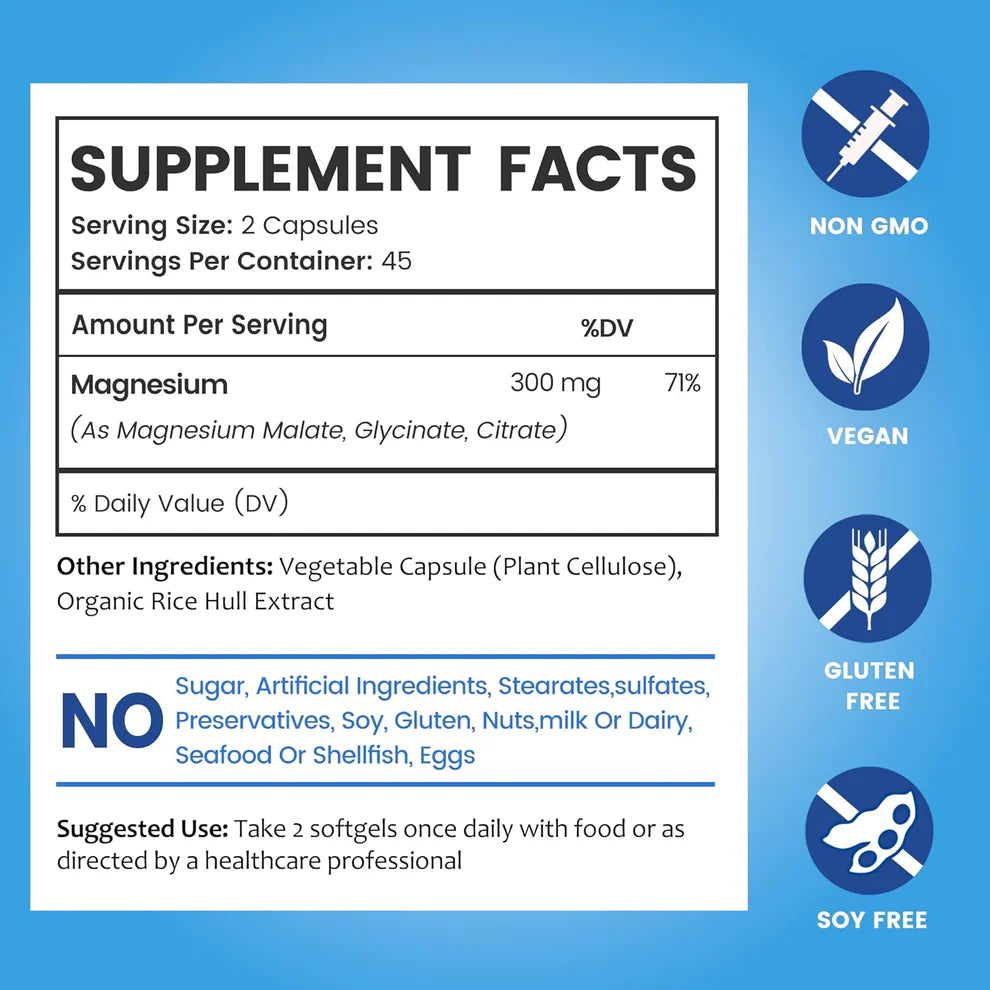 BioEmblem Complejo triple de magnesio de alta absorción 300 mg | Glicinato de magnesio, malato para energía, suplemento para apoyar la salud muscular | Vegano, sin OMG, 90cápsulas