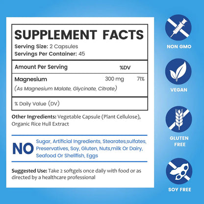 BioEmblem Complejo triple de magnesio de alta absorción 300 mg | Glicinato de magnesio, malato para energía, suplemento para apoyar la salud muscular | Vegano, sin OMG, 90cápsulas