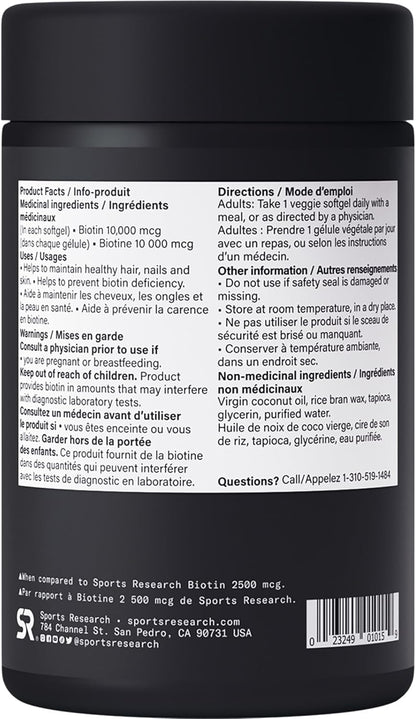 Biotina 10,000 mcg Sports Research – Cabello y Uñas Fuertes en 1 Cápsula