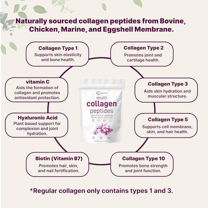 Multi Collagen Peptides (Tipos I, II, III, V y X) con Biotina, Vitamina C y Ácido Hialurónico
