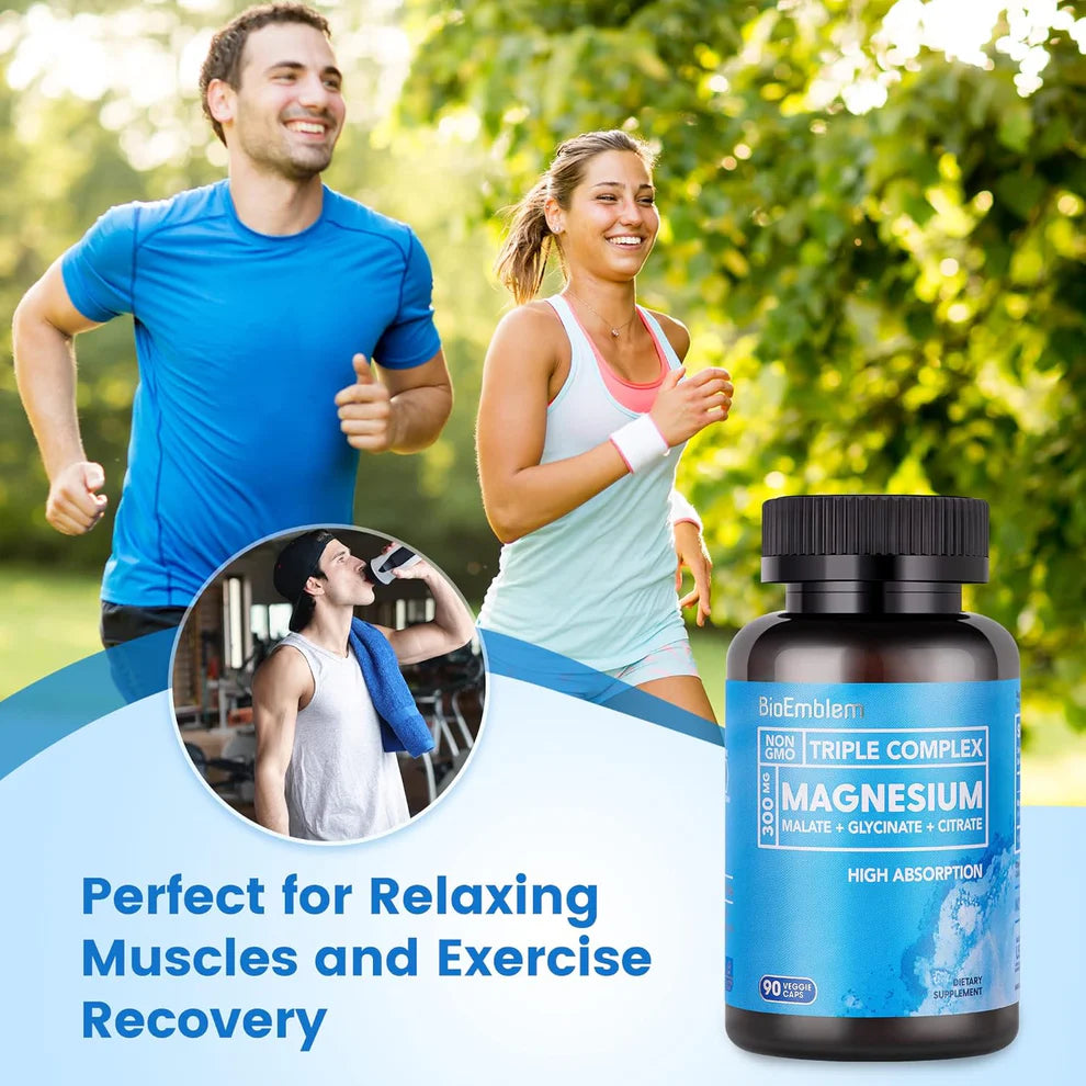 BioEmblem Complejo triple de magnesio de alta absorción 300 mg | Glicinato de magnesio, malato para energía, suplemento para apoyar la salud muscular | Vegano, sin OMG, 90cápsulas