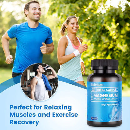 BioEmblem Complejo triple de magnesio de alta absorción 300 mg | Glicinato de magnesio, malato para energía, suplemento para apoyar la salud muscular | Vegano, sin OMG, 90cápsulas