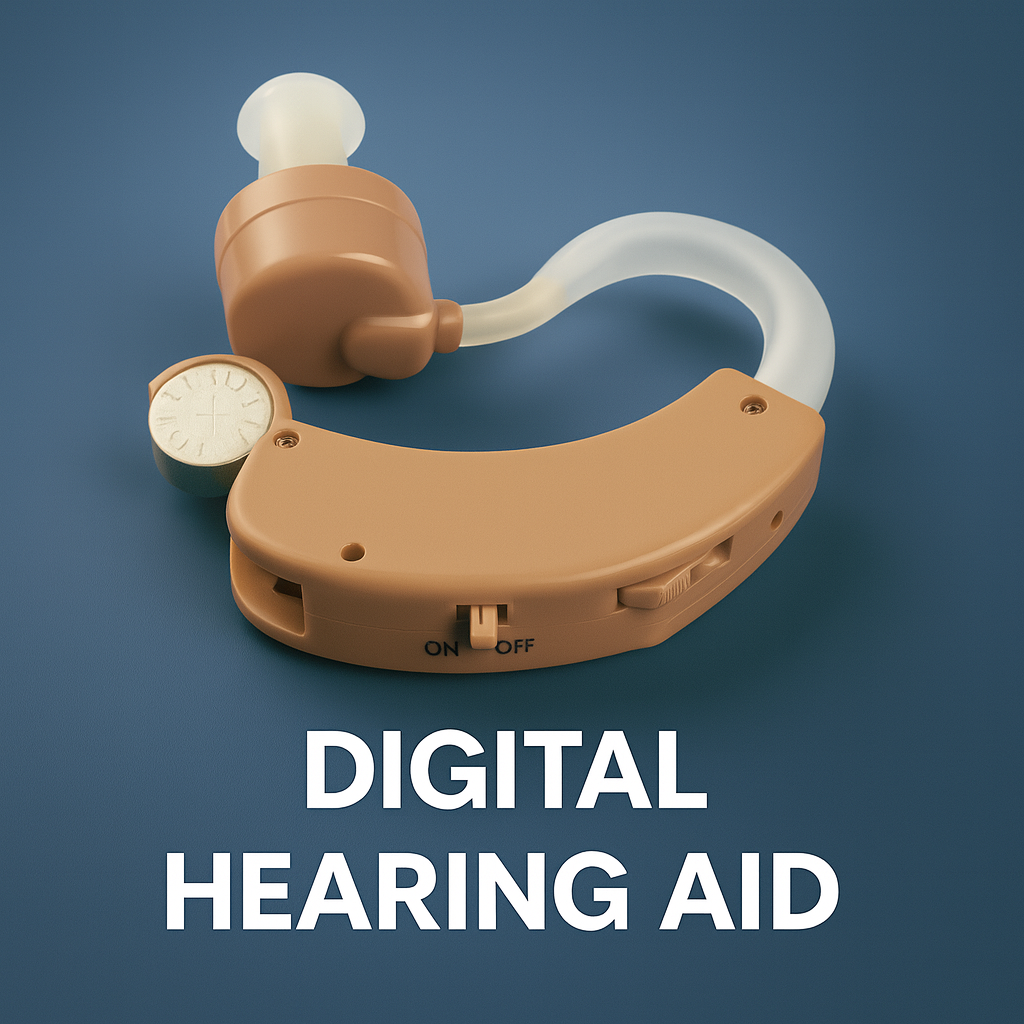 Audífono amplificador de sonido para personas con discapacidad auditiva.