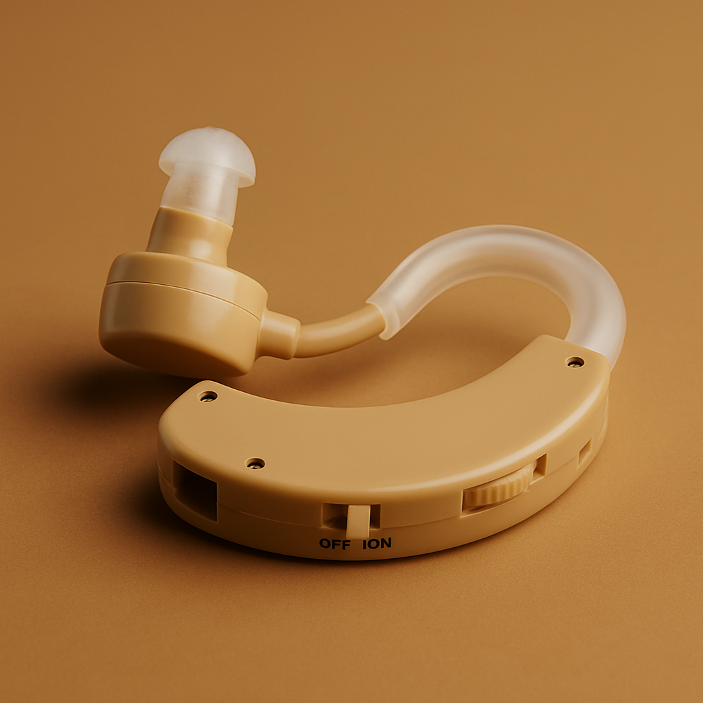 Audífono amplificador de sonido para personas con discapacidad auditiva.