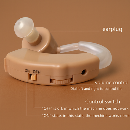 Audífono amplificador de sonido para personas con discapacidad auditiva.