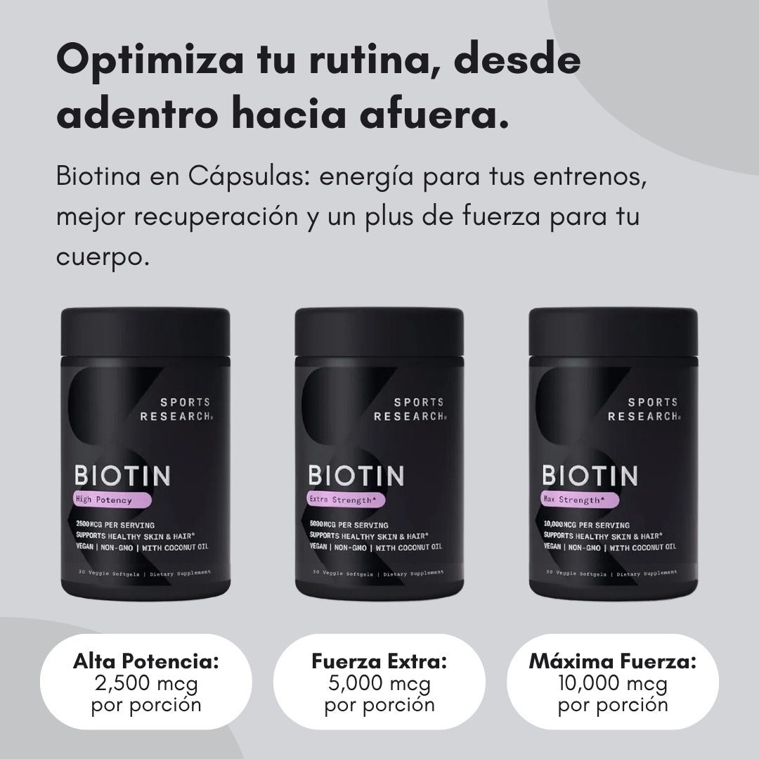 Biotina 10,000 mcg Sports Research – Cabello y Uñas Fuertes en 1 Cápsula