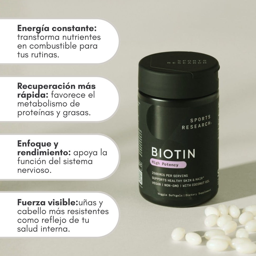 Biotina 10,000 mcg Sports Research – Cabello y Uñas Fuertes en 1 Cápsula