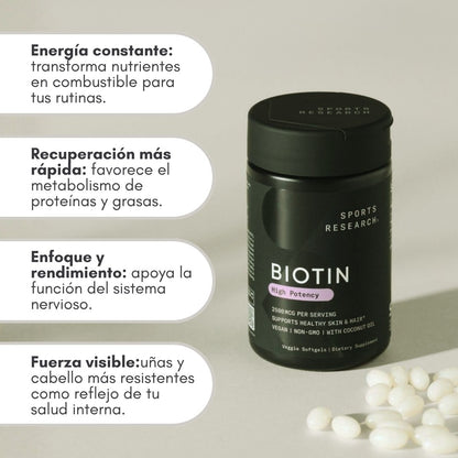 Biotina 10,000 mcg Sports Research – Cabello y Uñas Fuertes en 1 Cápsula