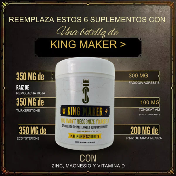 King Maker - Suplemento con Tongkat Ali, Turkesterona, Ecdisterona, Fadogia Agrestis, betarraga roja, maca negra y zinc (13 en 1) 120 cápsulas.