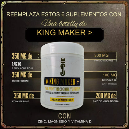 King Maker - Suplemento con Tongkat Ali, Turkesterona, Ecdisterona, Fadogia Agrestis, betarraga roja, maca negra y zinc (13 en 1) 120 cápsulas.