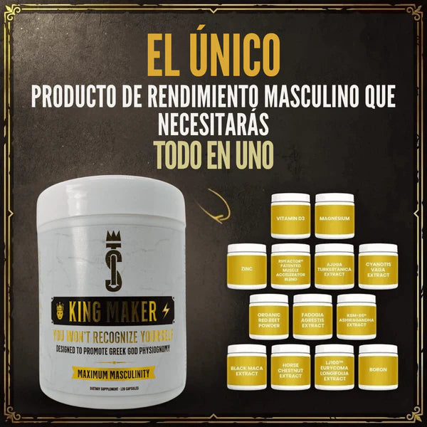 King Maker - Suplemento con Tongkat Ali, Turkesterona, Ecdisterona, Fadogia Agrestis, betarraga roja, maca negra y zinc (13 en 1) 120 cápsulas.