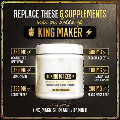 King Maker - Suplemento con Tongkat Ali, Turkesterona, Ecdisterona, Fadogia Agrestis, betarraga roja, maca negra y zinc (13 en 1) 120 cápsulas.