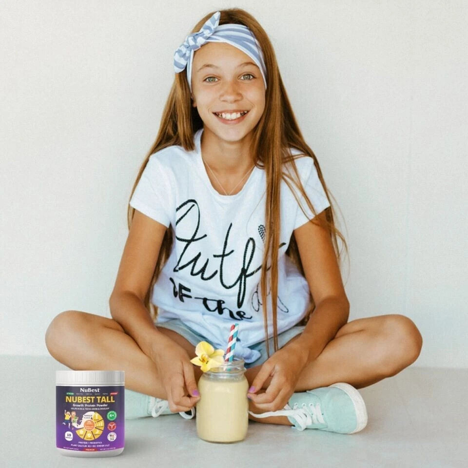 NuBest Proteína en Polvo de Alto Crecimiento - Batido Nutricional para Niños y Adolescentes - Proteína de Origen Vegetal, Probióticos, L-arginina, Omega-3, K2+D3, Más de 20 Vitaminas y Minerales - 10 Porciones Veganas - Sabor Vainilla