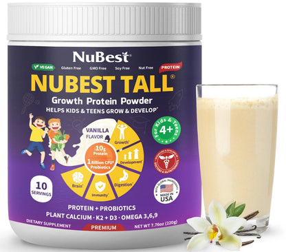 NuBest Proteína en Polvo de Alto Crecimiento - Batido Nutricional para Niños y Adolescentes - Proteína de Origen Vegetal, Probióticos, L-arginina, Omega-3, K2+D3, Más de 20 Vitaminas y Minerales - 10 Porciones Veganas - Sabor Vainilla