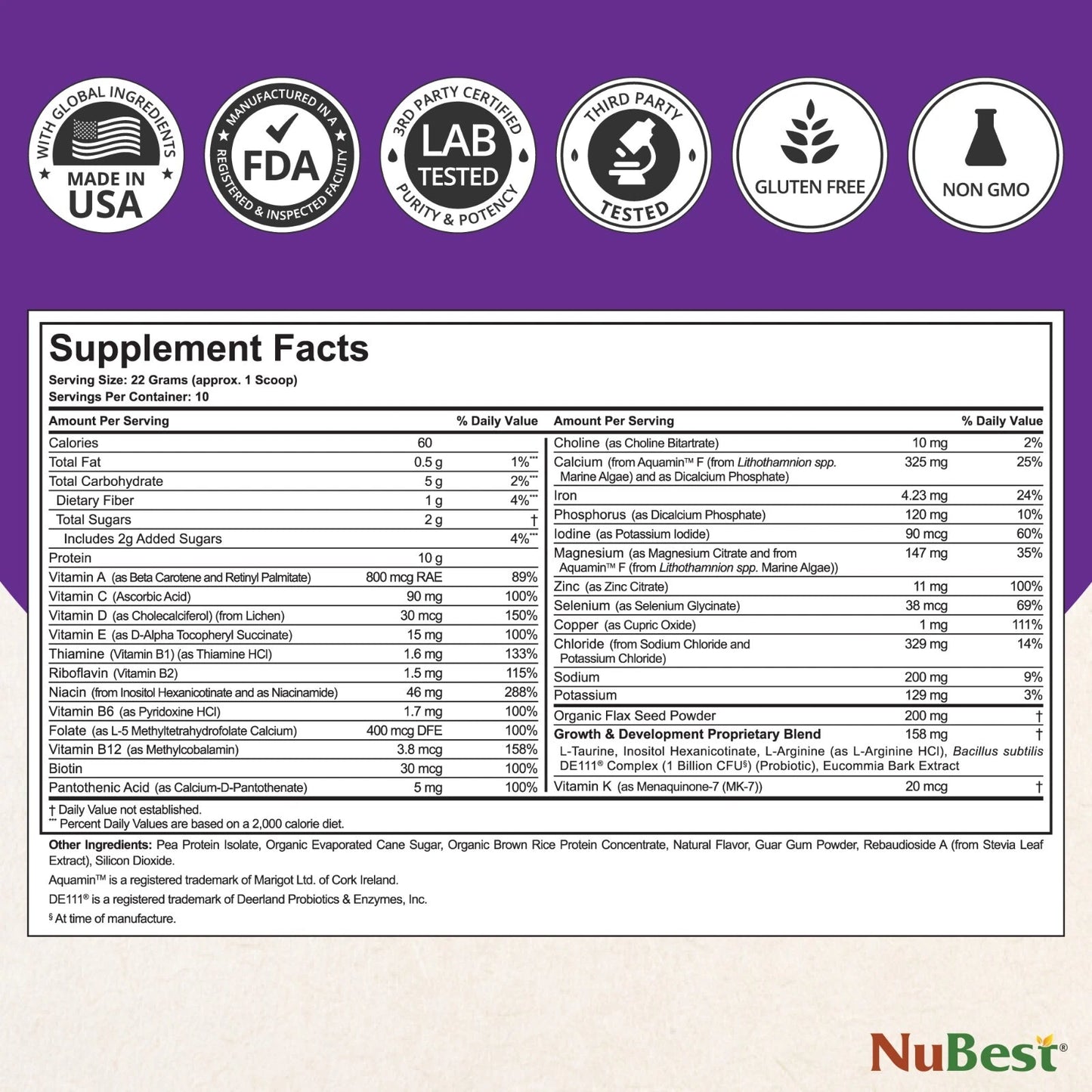 NuBest Proteína en Polvo de Alto Crecimiento - Batido Nutricional para Niños y Adolescentes - Proteína de Origen Vegetal, Probióticos, L-arginina, Omega-3, K2+D3, Más de 20 Vitaminas y Minerales - 10 Porciones Veganas - Sabor Vainilla