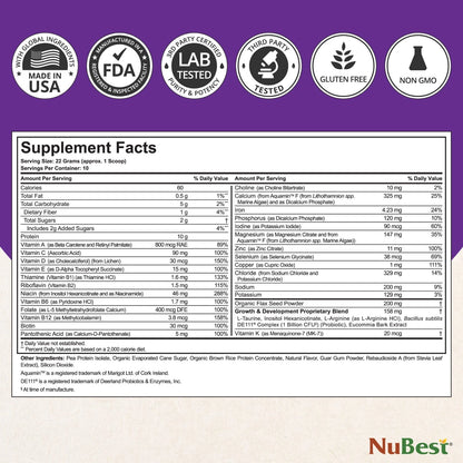 NuBest Proteína en Polvo de Alto Crecimiento - Batido Nutricional para Niños y Adolescentes - Proteína de Origen Vegetal, Probióticos, L-arginina, Omega-3, K2+D3, Más de 20 Vitaminas y Minerales - 10 Porciones Veganas - Sabor Vainilla