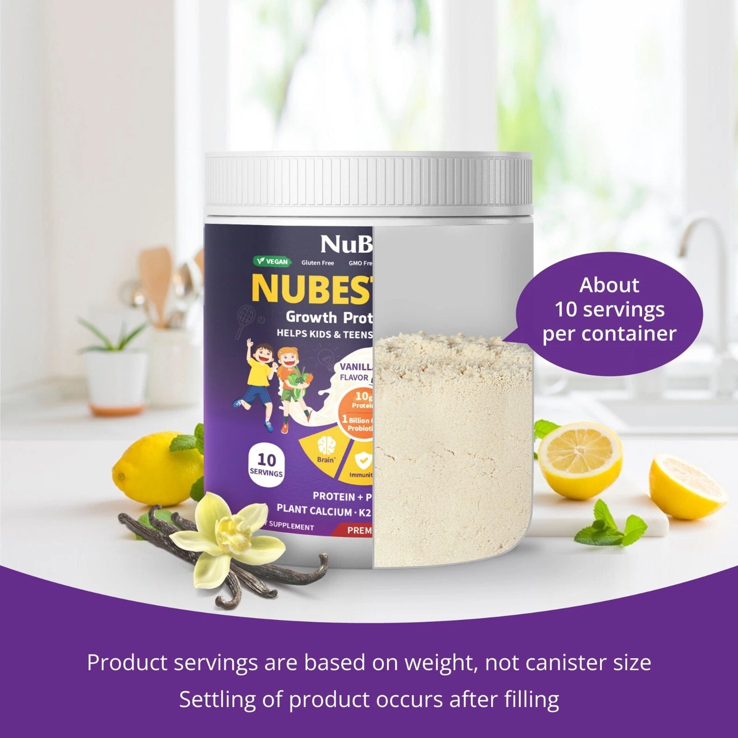 NuBest Proteína en Polvo de Alto Crecimiento - Batido Nutricional para Niños y Adolescentes - Proteína de Origen Vegetal, Probióticos, L-arginina, Omega-3, K2+D3, Más de 20 Vitaminas y Minerales - 10 Porciones Veganas - Sabor Vainilla
