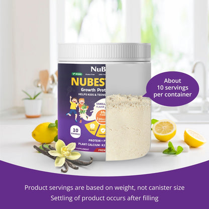 NuBest Proteína en Polvo de Alto Crecimiento - Batido Nutricional para Niños y Adolescentes - Proteína de Origen Vegetal, Probióticos, L-arginina, Omega-3, K2+D3, Más de 20 Vitaminas y Minerales - 10 Porciones Veganas - Sabor Vainilla