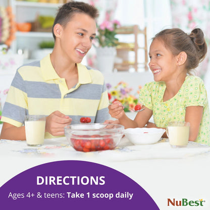 NuBest Proteína en Polvo de Alto Crecimiento - Batido Nutricional para Niños y Adolescentes - Proteína de Origen Vegetal, Probióticos, L-arginina, Omega-3, K2+D3, Más de 20 Vitaminas y Minerales - 10 Porciones Veganas - Sabor Vainilla