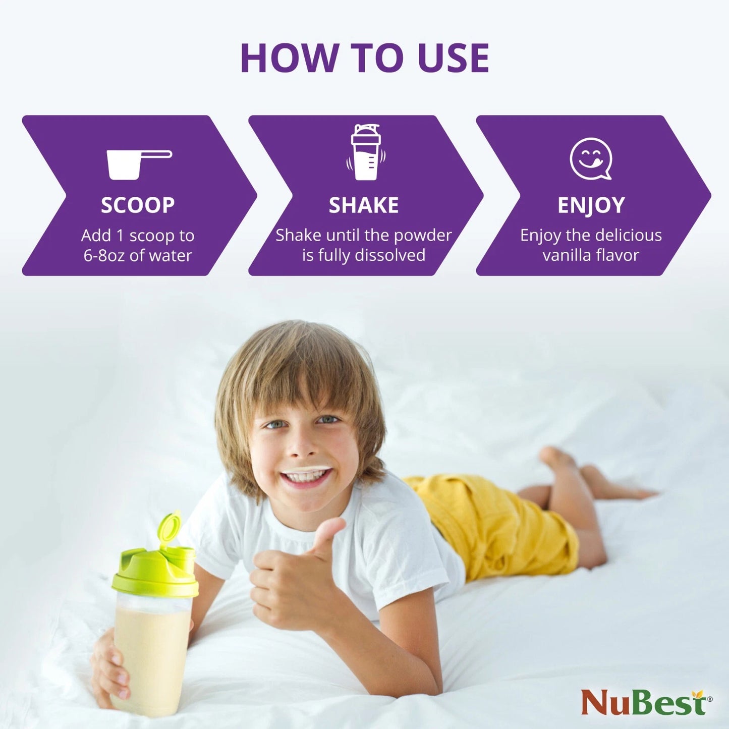 NuBest Proteína en Polvo de Alto Crecimiento - Batido Nutricional para Niños y Adolescentes - Proteína de Origen Vegetal, Probióticos, L-arginina, Omega-3, K2+D3, Más de 20 Vitaminas y Minerales - 10 Porciones Veganas - Sabor Vainilla