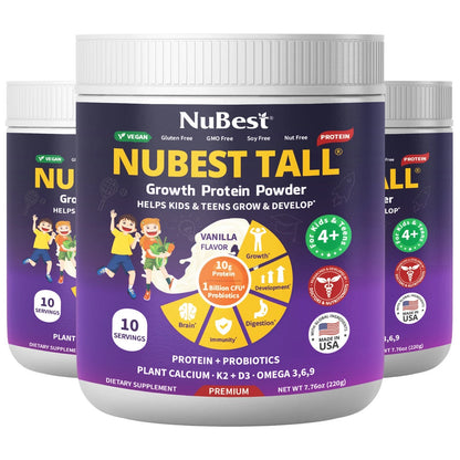 NuBest Proteína en Polvo de Alto Crecimiento - Batido Nutricional para Niños y Adolescentes - Proteína de Origen Vegetal, Probióticos, L-arginina, Omega-3, K2+D3, Más de 20 Vitaminas y Minerales - 10 Porciones Veganas - Sabor Vainilla